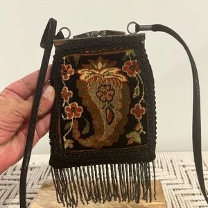 Antique Victorian Floral Tapestry Bag with Fringe beads